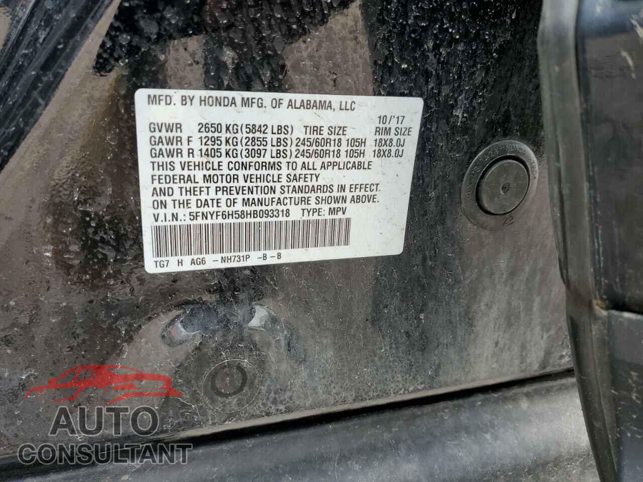 HONDA PILOT 2017 - 5FNYF6H58HB093318