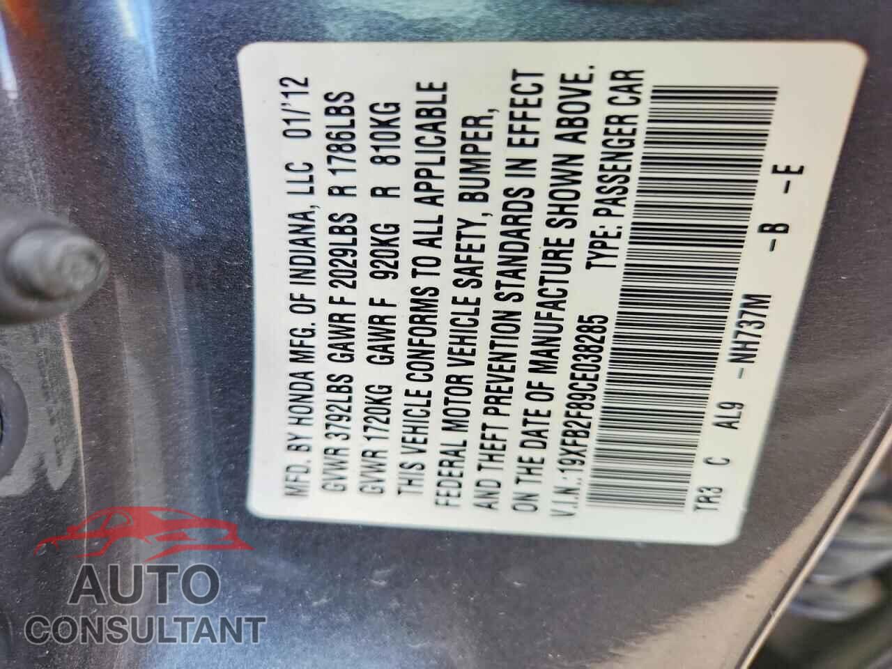 HONDA CIVIC 2012 - 19XFB2F89CE038285