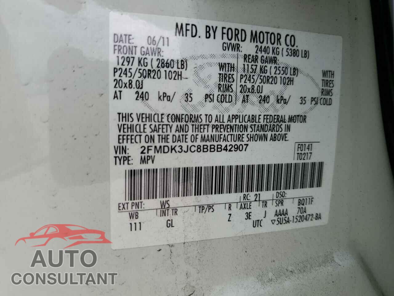 FORD EDGE 2011 - 2FMDK3JC8BBB42907