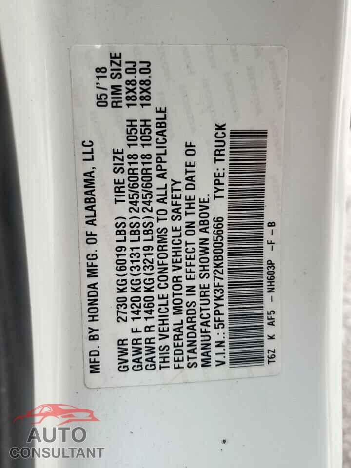 HONDA RIDGELINE 2019 - 5FPYK3F72KB005666