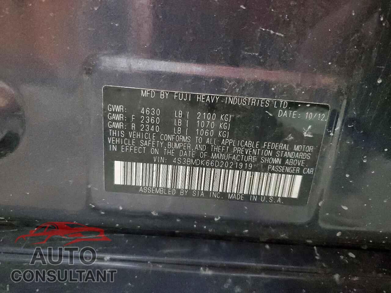 SUBARU LEGACY 2013 - 4S3BMDK66D2021919