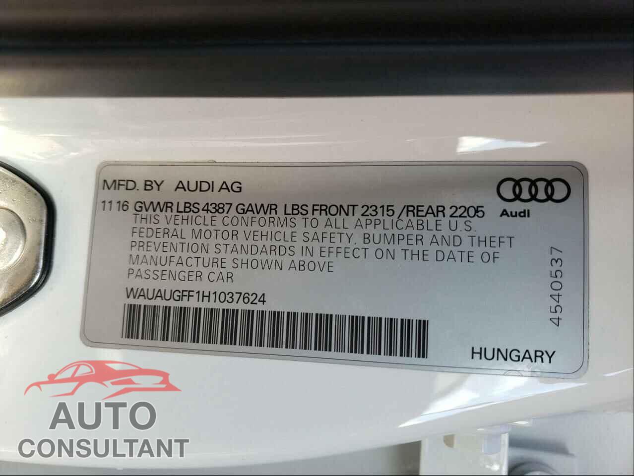 AUDI A3 2017 - WAUAUGFF1H1037624
