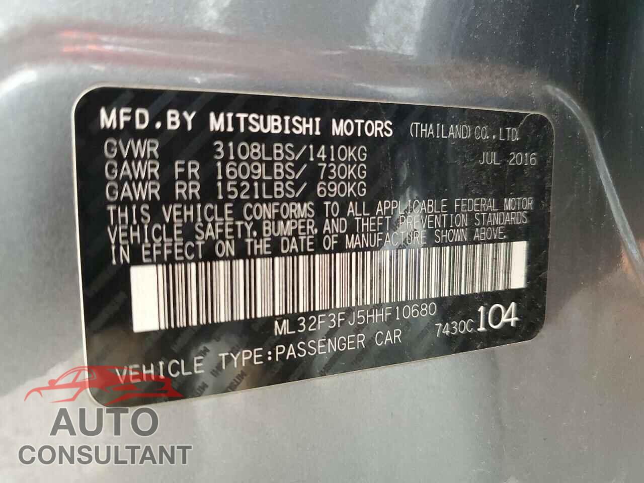 MITSUBISHI MIRAGE 2017 - ML32F3FJ5HHF10680