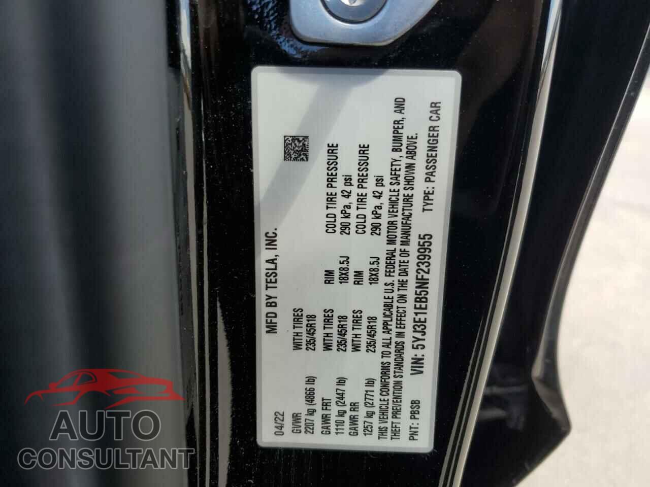 TESLA MODEL 3 2022 - 5YJ3E1EB5NF239955