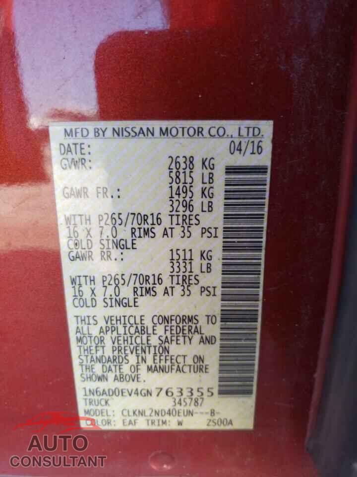 NISSAN FRONTIER 2016 - 1N6AD0EV4GN763355