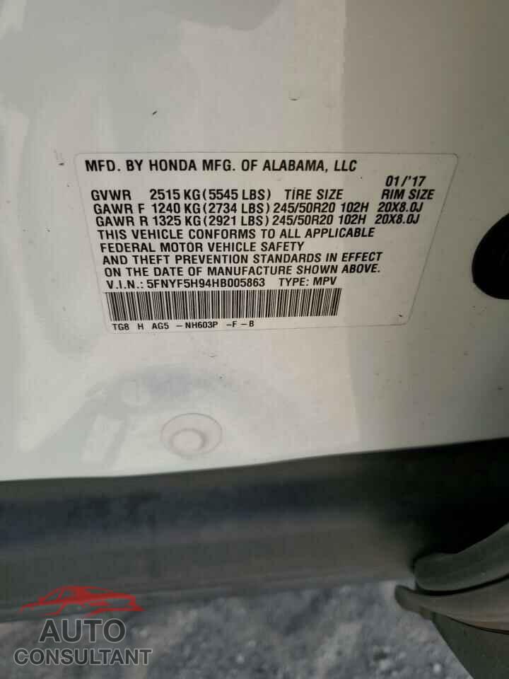 HONDA PILOT 2017 - 5FNYF5H94HB005863