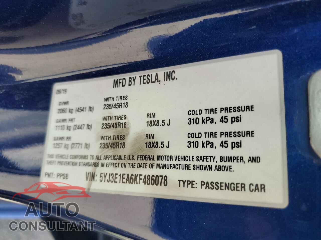 TESLA MODEL 3 2019 - 5YJ3E1EA6KF486078