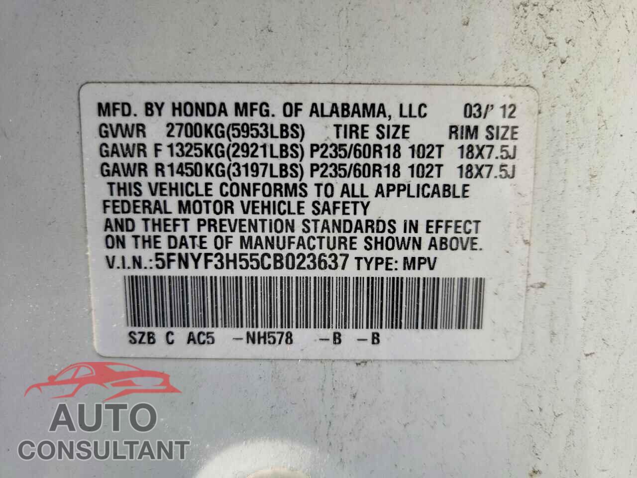HONDA PILOT EXL 2012 - 5FNYF3H55CB023637