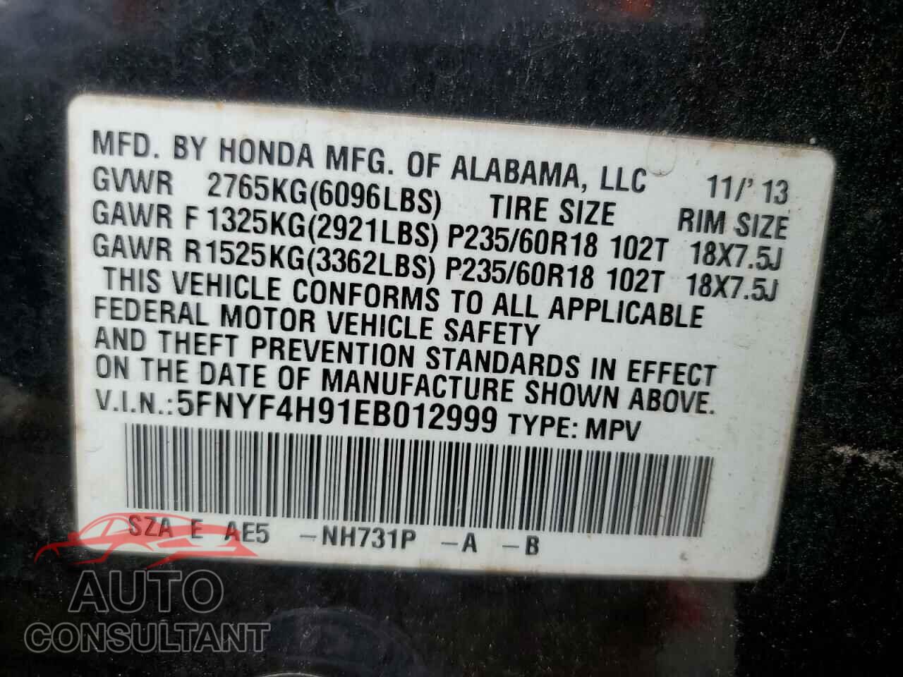 HONDA PILOT 2014 - 5FNYF4H91EB012999