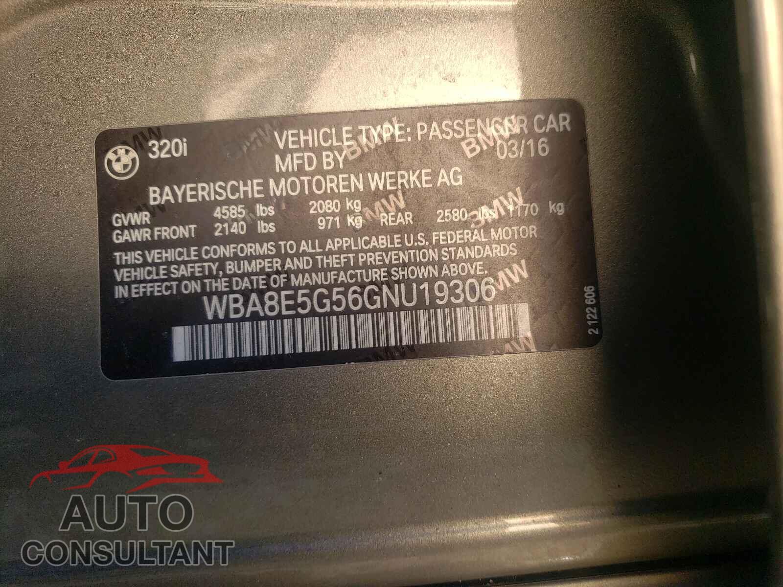 BMW 3 SERIES 2016 - WBA8E5G56GNU19306