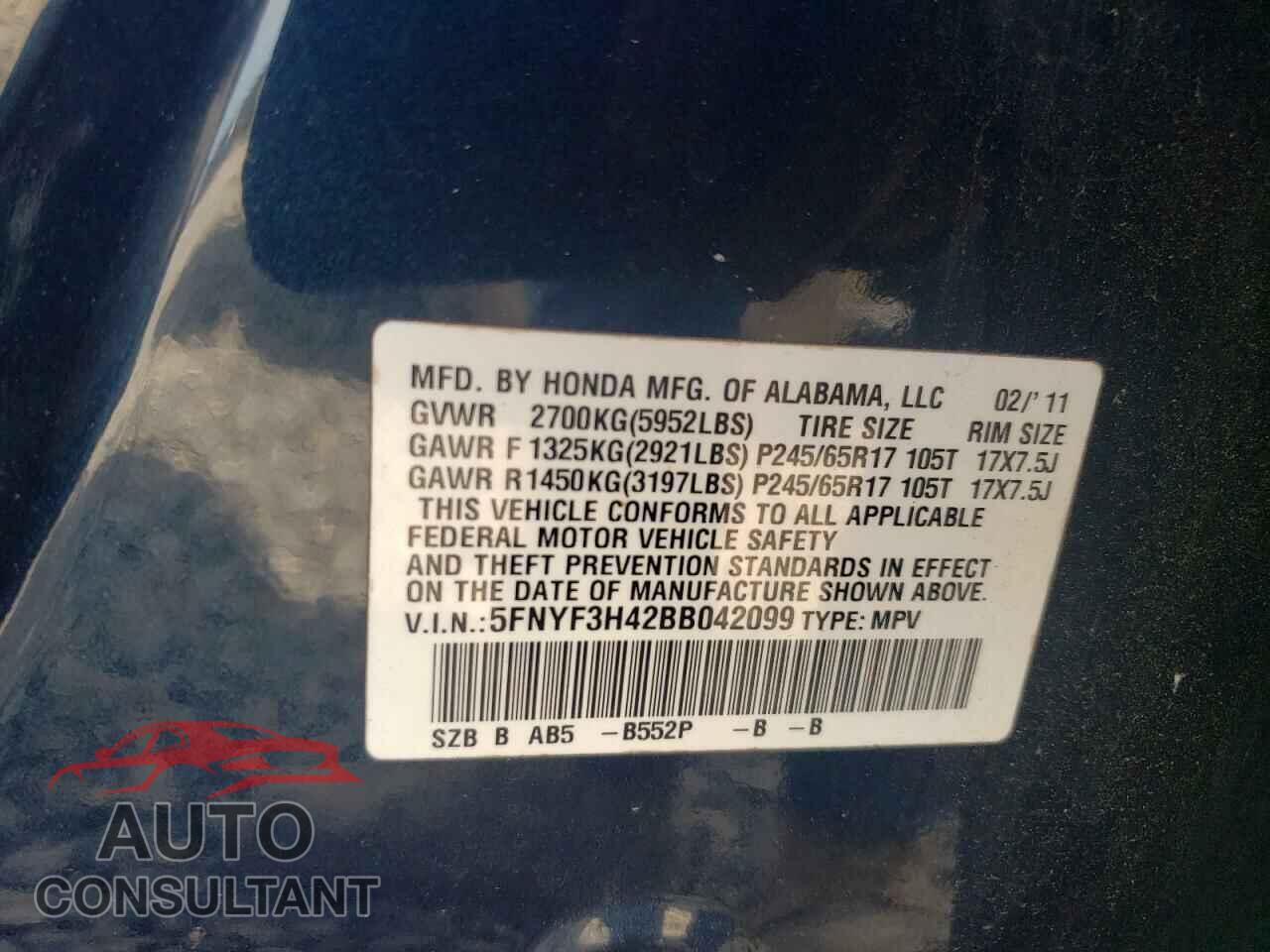 HONDA PILOT 2011 - 5FNYF3H42BB042099