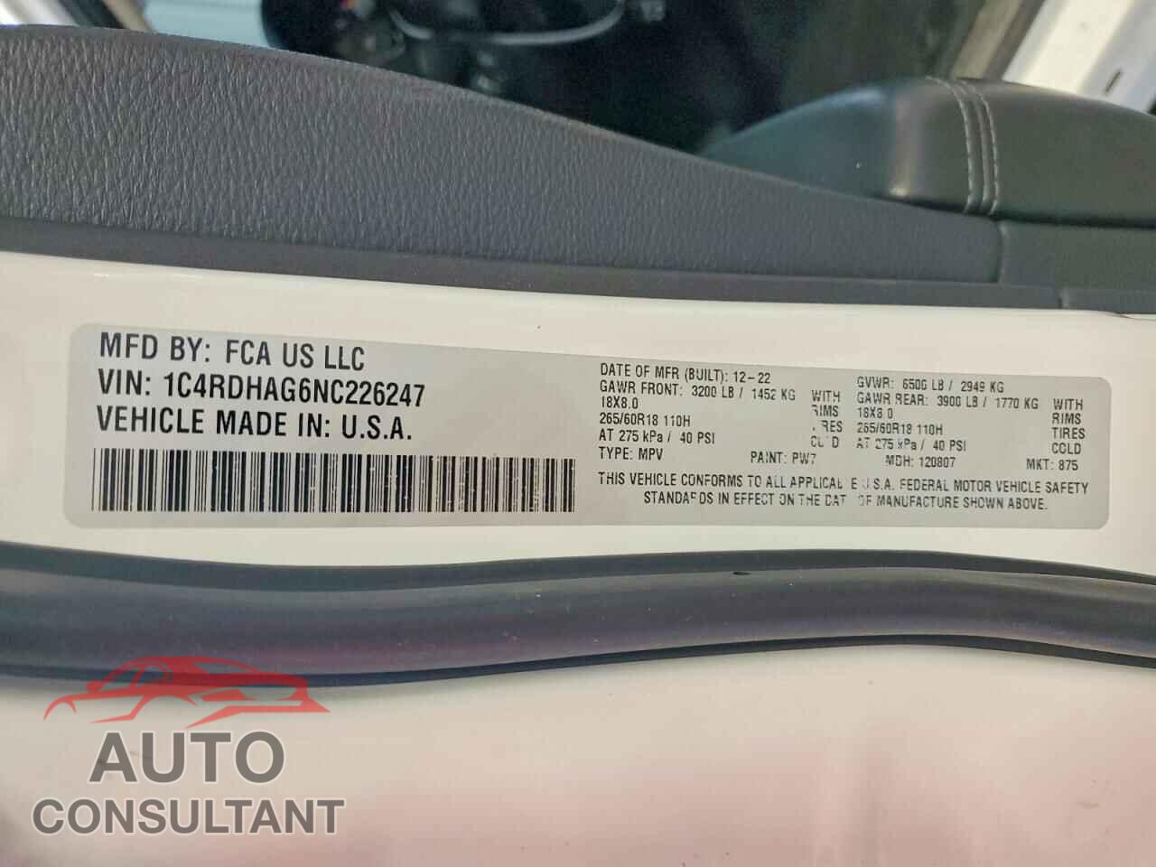 DODGE DURANGO 2022 - 1C4RDHAG6NC226247