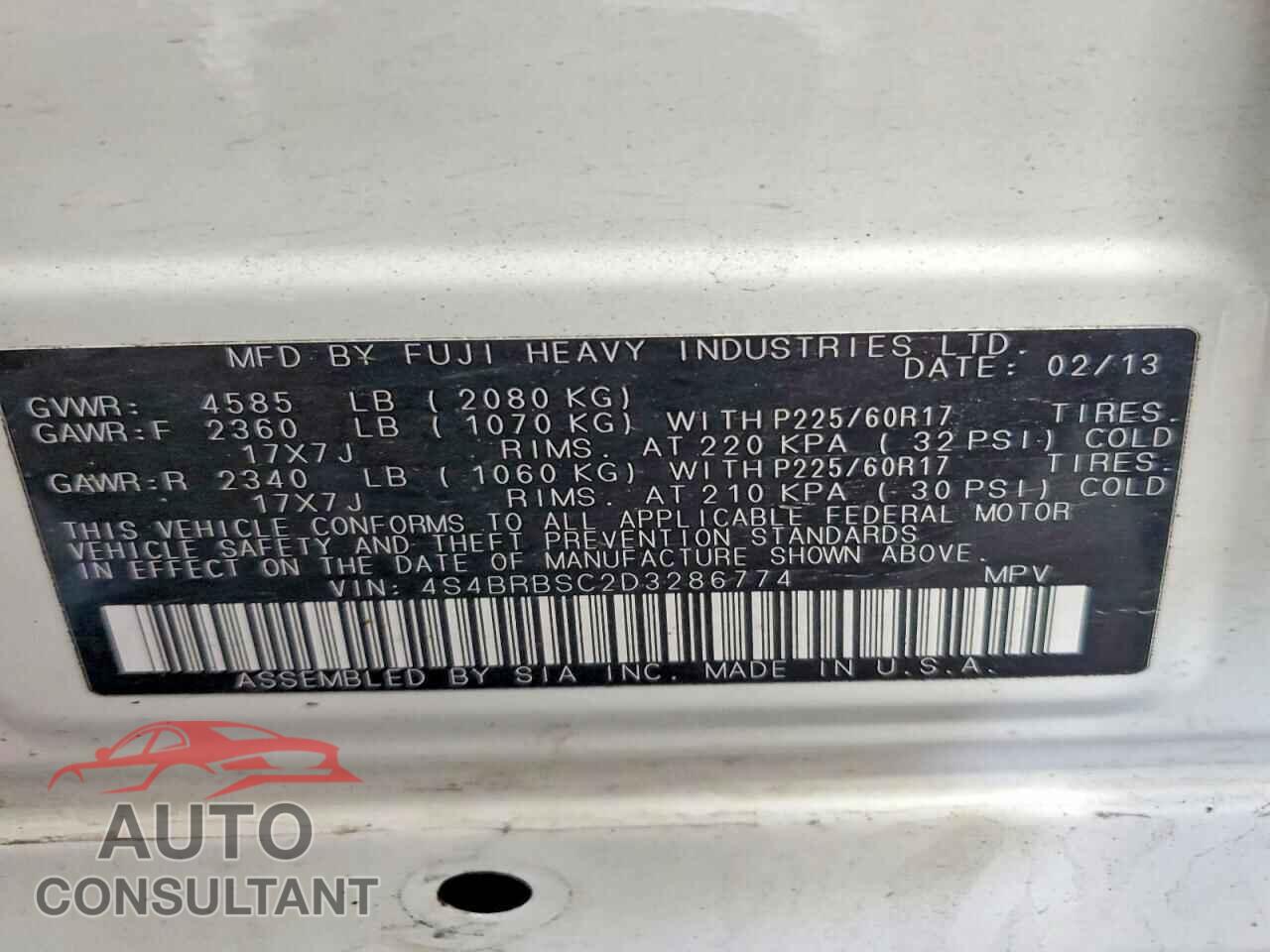 SUBARU OUTBACK 2013 - 4S4BRBSC2D3286774