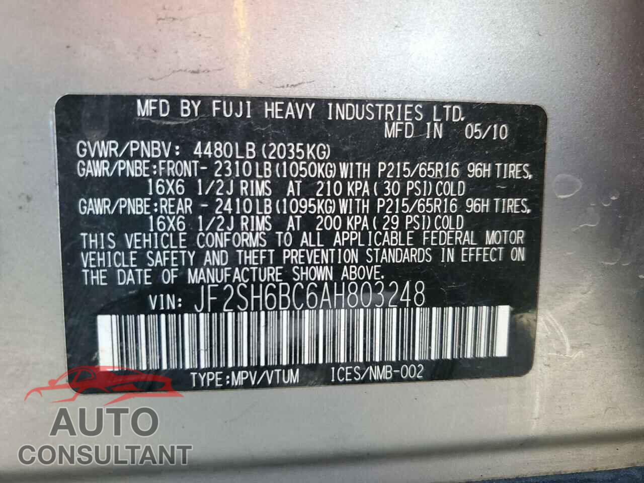 SUBARU FORESTER 2010 - JF2SH6BC6AH803248
