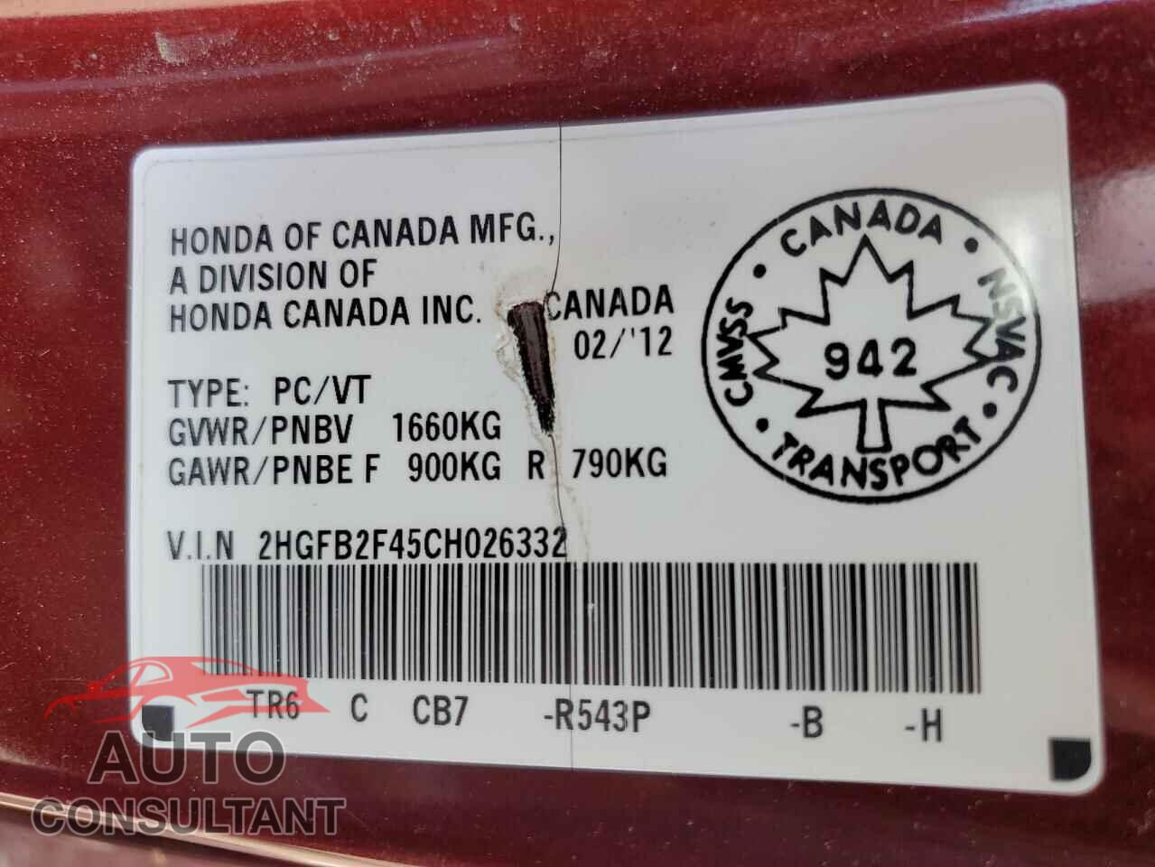 HONDA CIVIC 2012 - 2HGFB2F45CH026332