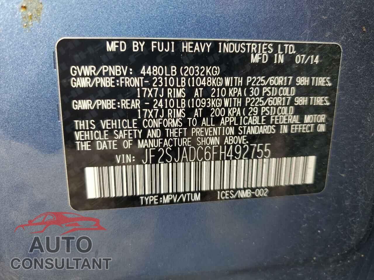 SUBARU FORESTER 2015 - JF2SJADC6FH492755
