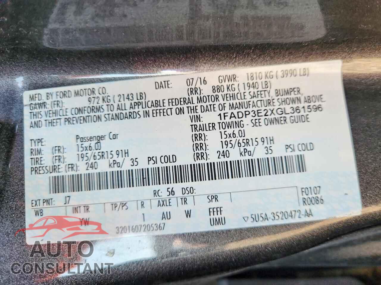 FORD FOCUS 2016 - 1FADP3E2XGL361596