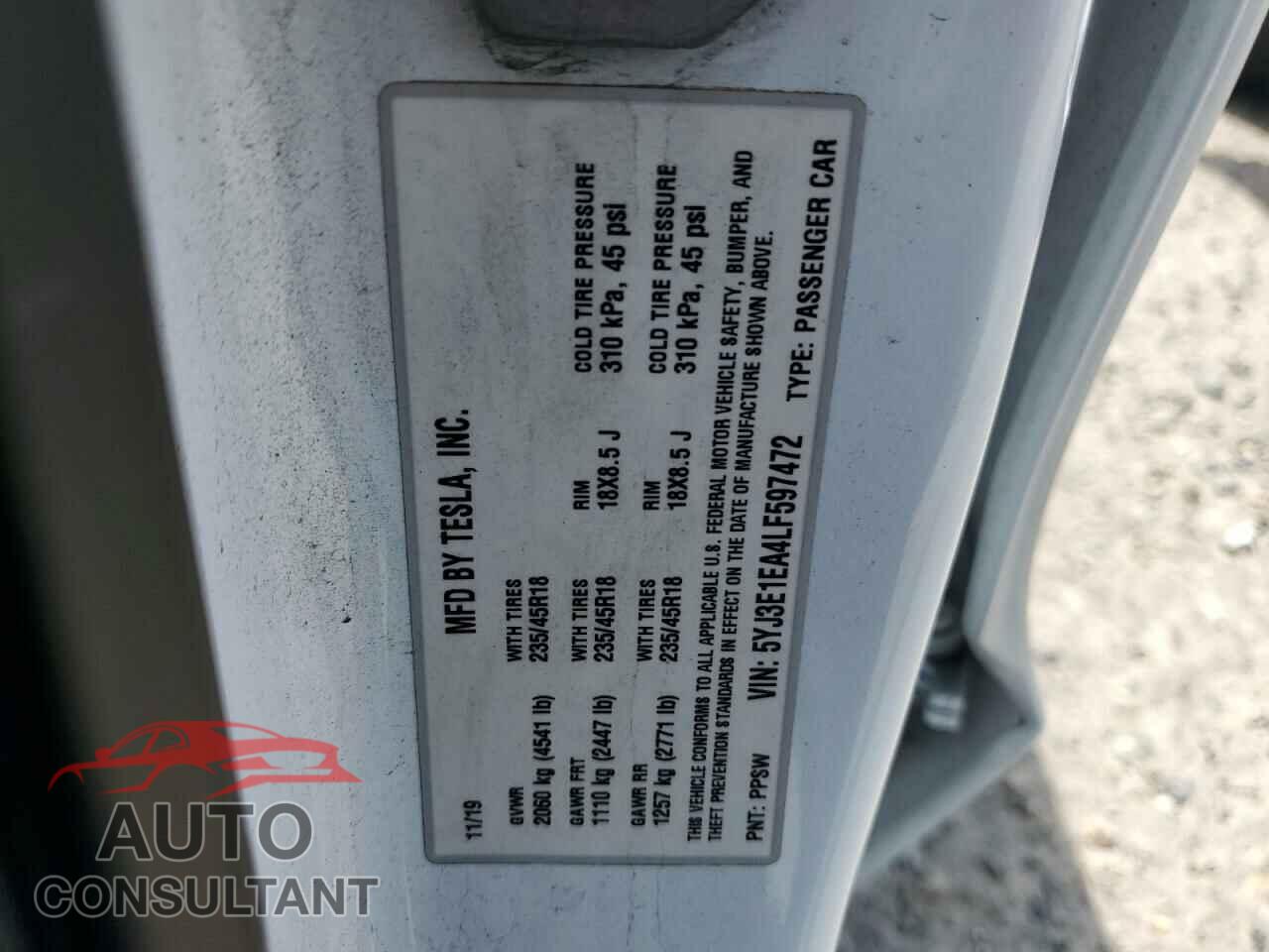 TESLA MODEL 3 2020 - 5YJ3E1EA4LF597472