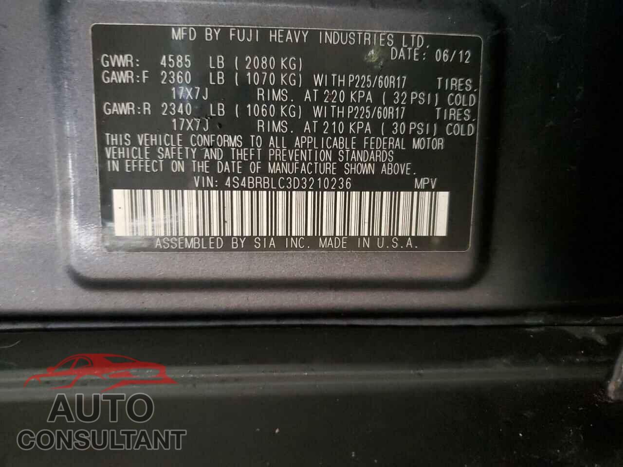 SUBARU OUTBACK 2013 - 4S4BRBLC3D3210236