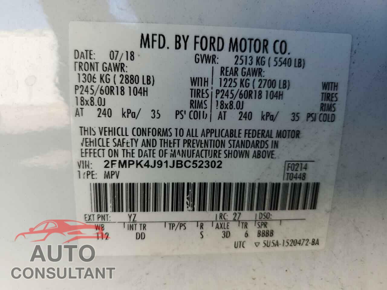 FORD EDGE 2018 - 2FMPK4J91JBC52302