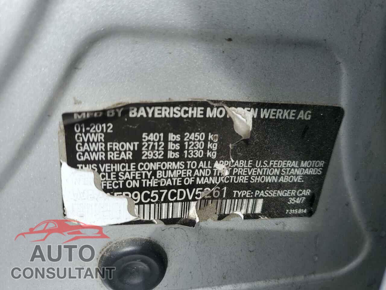 BMW 5 SERIES 2012 - WBAFR9C57CDV59261