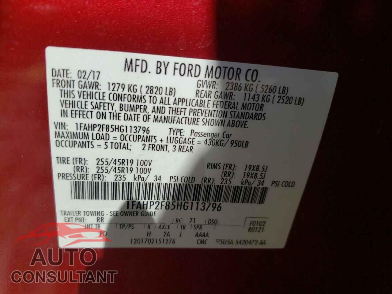 FORD TAURUS 2017 - 1FAHP2F85HG113796