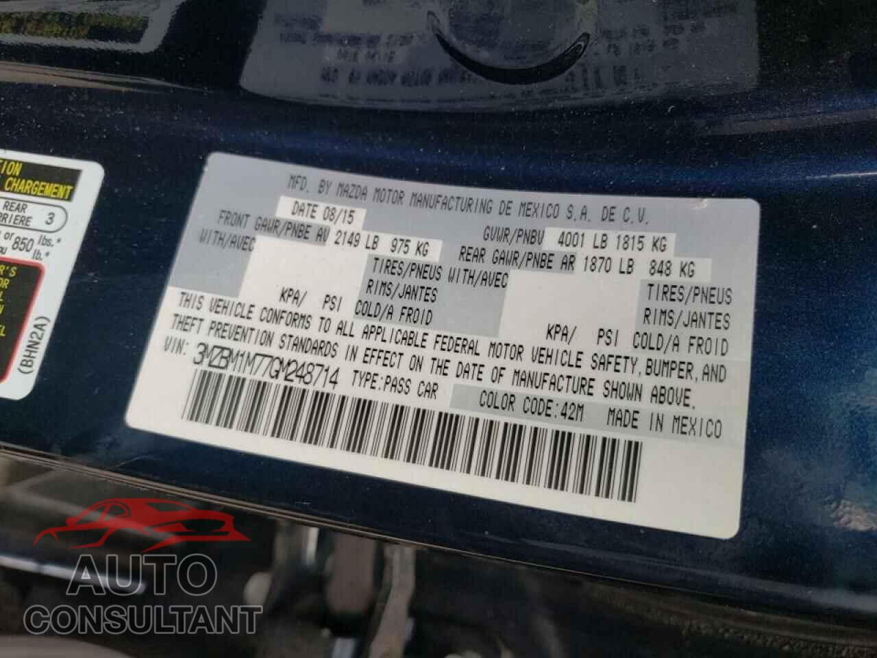 MAZDA 3 2016 - 3MZBM1M77GM248714