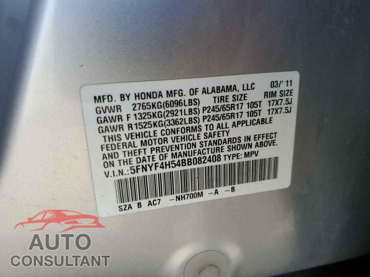 HONDA PILOT 2011 - 5FNYF4H54BB082408