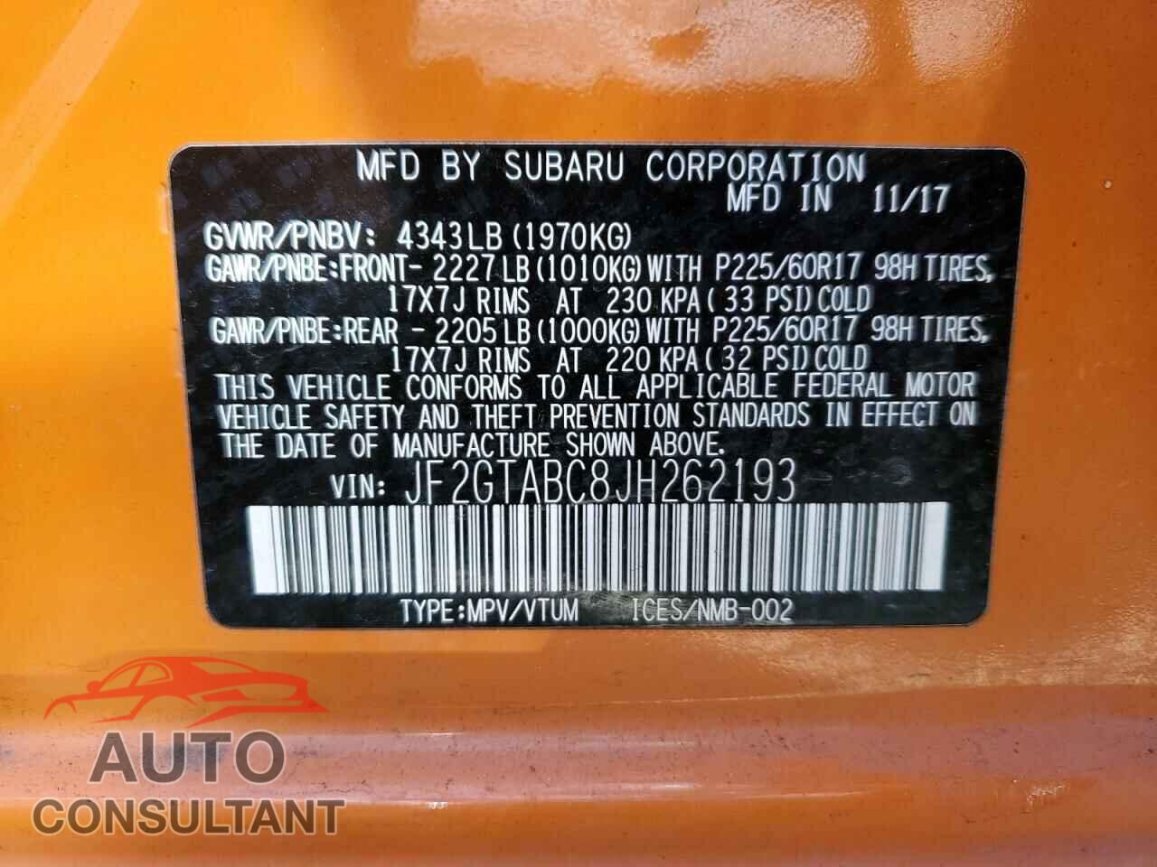 SUBARU CROSSTREK 2018 - JF2GTABC8JH262193