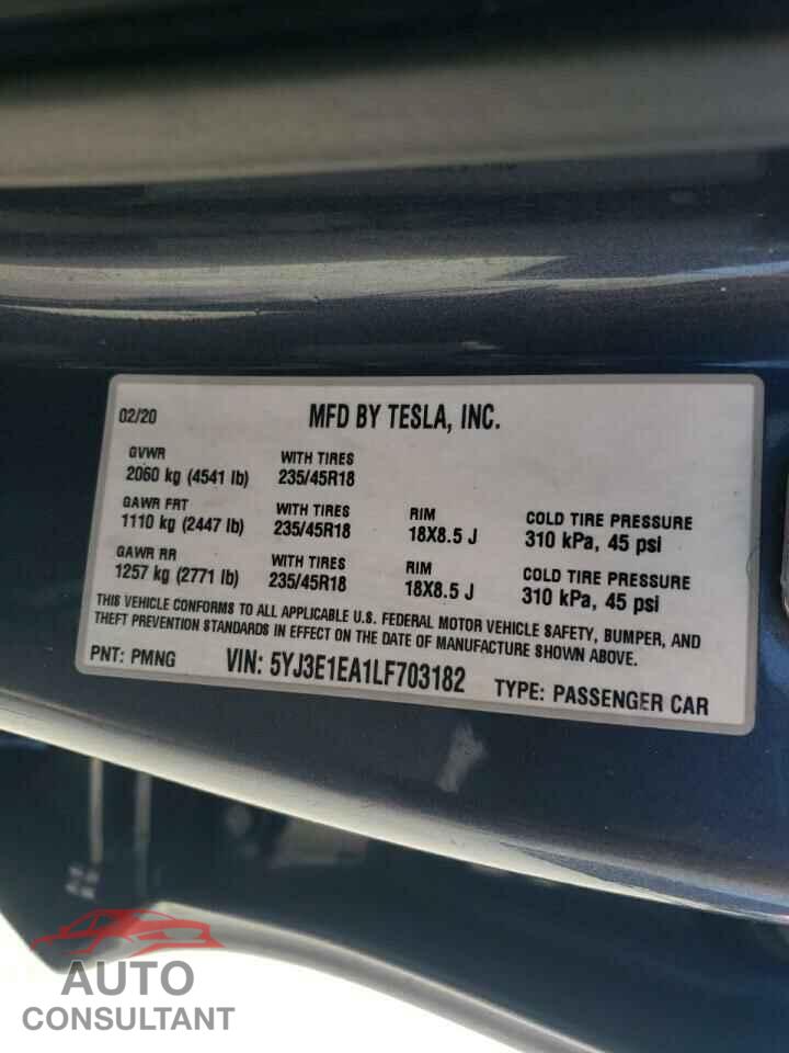 TESLA MODEL 3 2020 - 5YJ3E1EA1LF703182