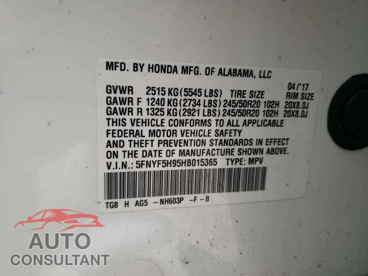 HONDA PILOT 2017 - 5FNYF5H95HB015365