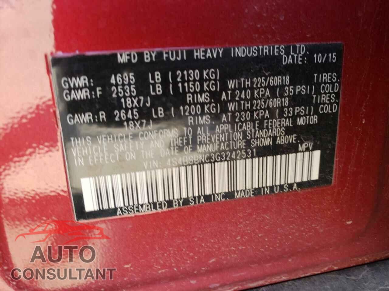 SUBARU OUTBACK 2016 - 4S4BSBNC3G3242531