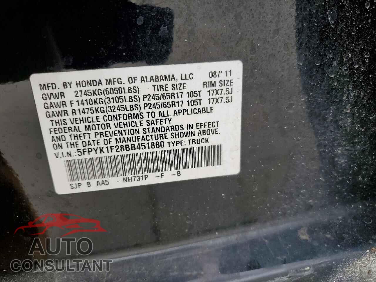 HONDA RIDGELINE 2011 - 5FPYK1F28BB451880