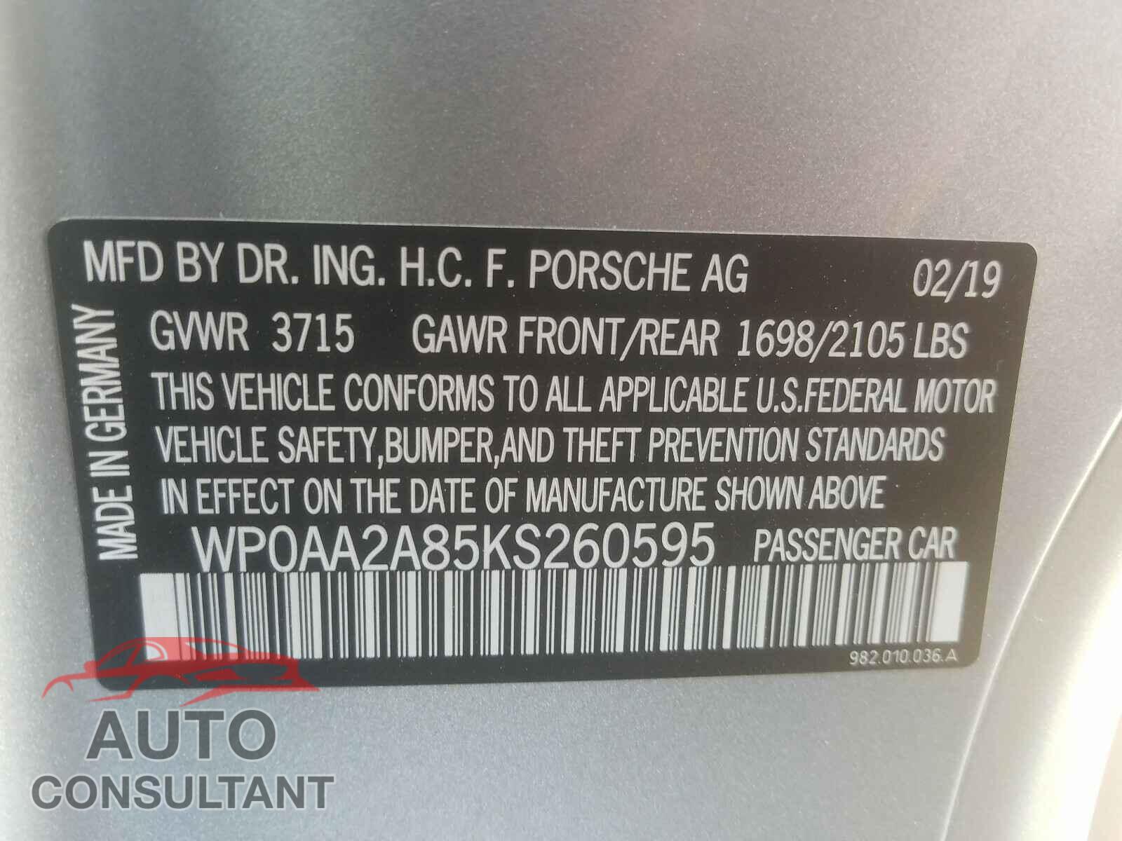 PORSCHE CAYMAN 2019 - WP0AA2A85KS260595