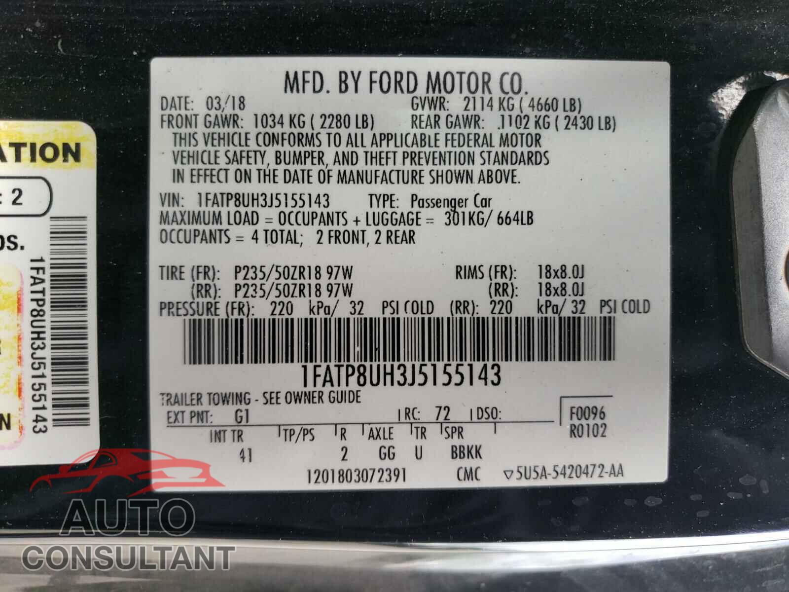 FORD MUSTANG 2018 - 1FATP8UH3J5155143