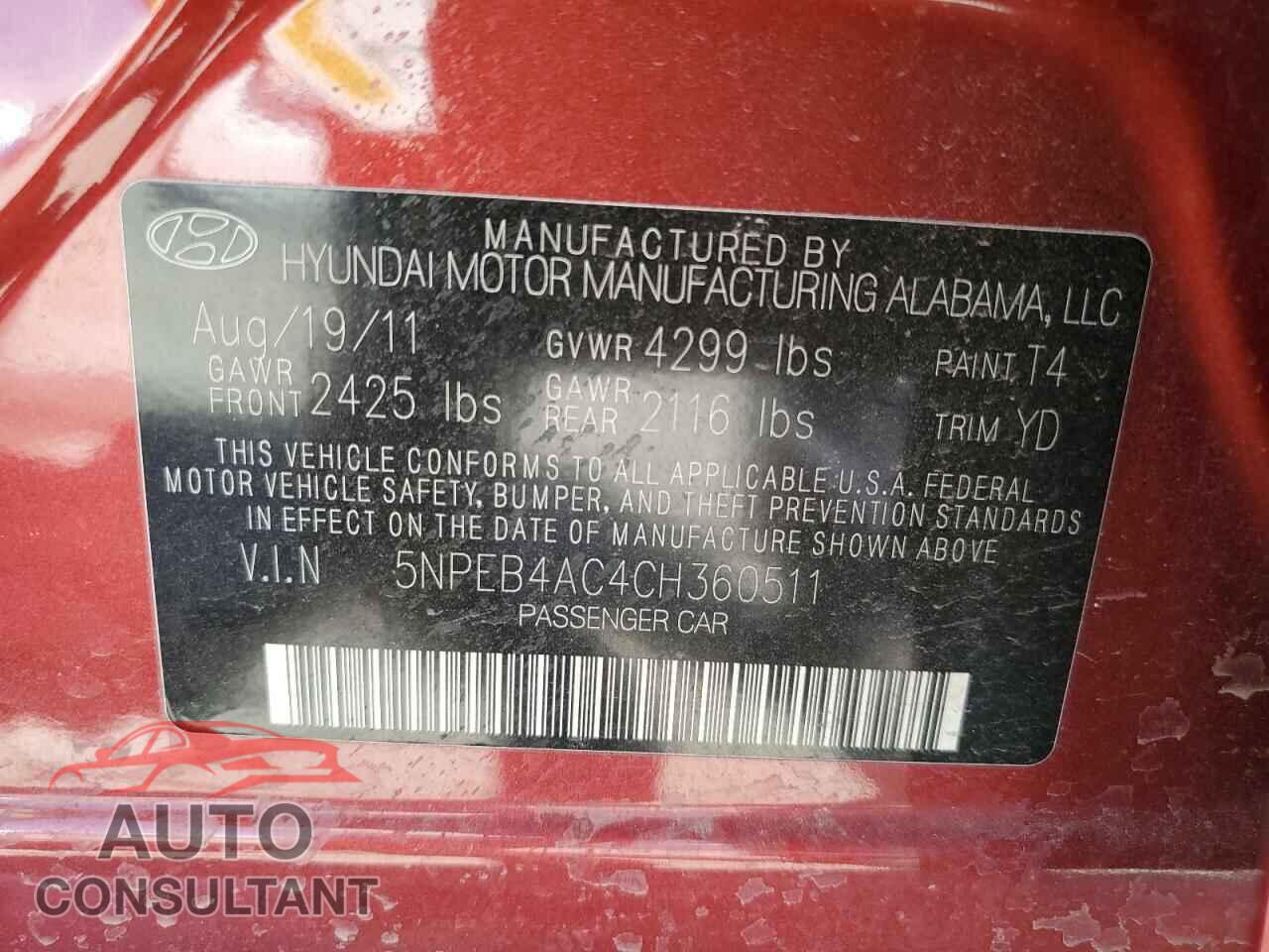 HYUNDAI SONATA 2012 - 5NPEB4AC4CH360511