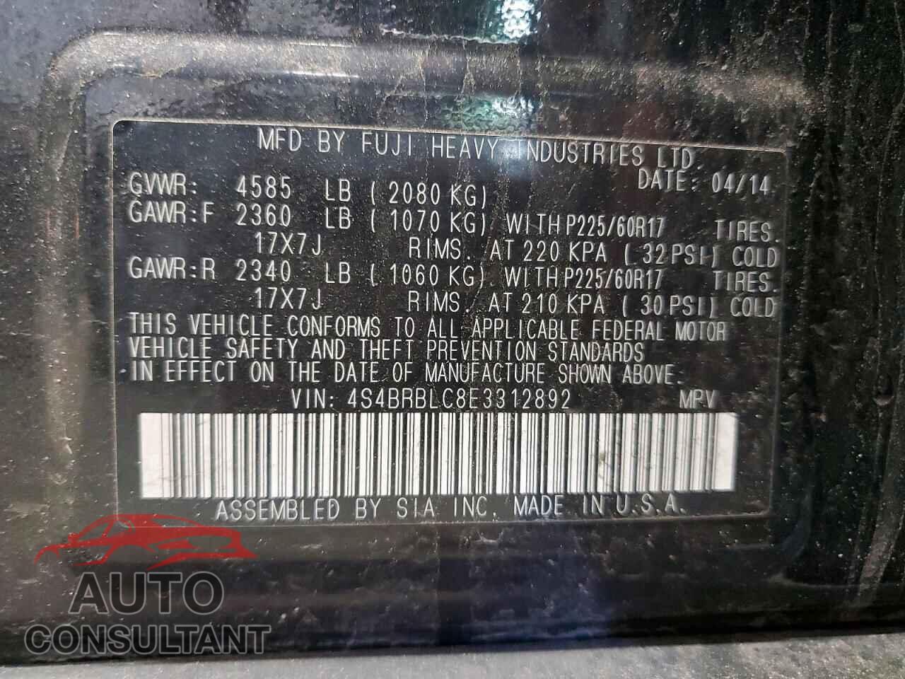 SUBARU OUTBACK 2014 - 4S4BRBLC8E3312892