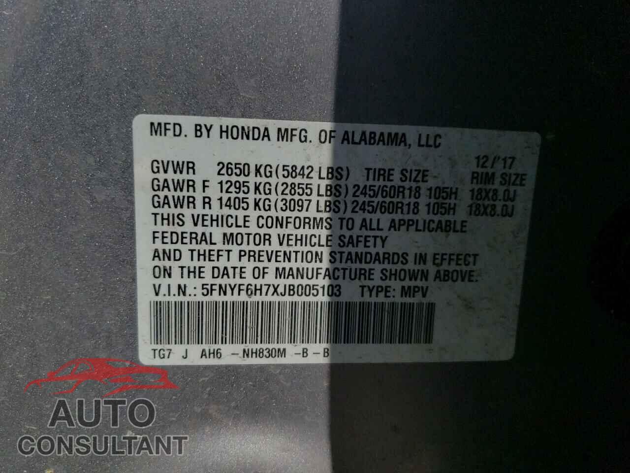 HONDA PILOT 2018 - 5FNYF6H7XJB005103