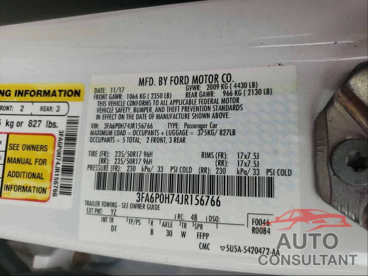 FORD FUSION 2018 - 3FA6P0H74JR156766