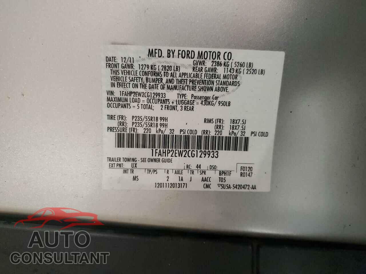 FORD TAURUS 2012 - 1FAHP2EW2CG129933