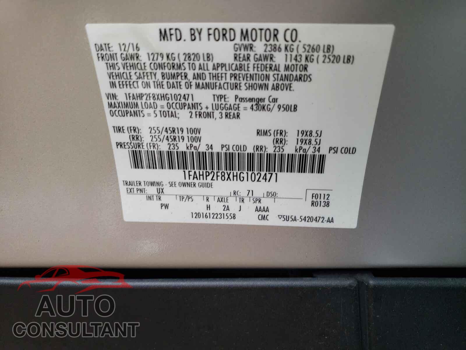 FORD TAURUS 2017 - 1FAHP2F8XHG102471