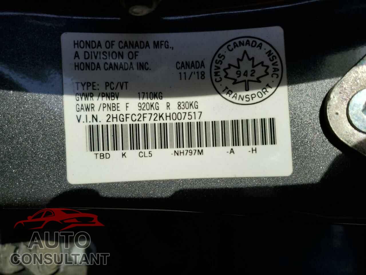 HONDA CIVIC 2019 - 2HGFC2F72KH007517
