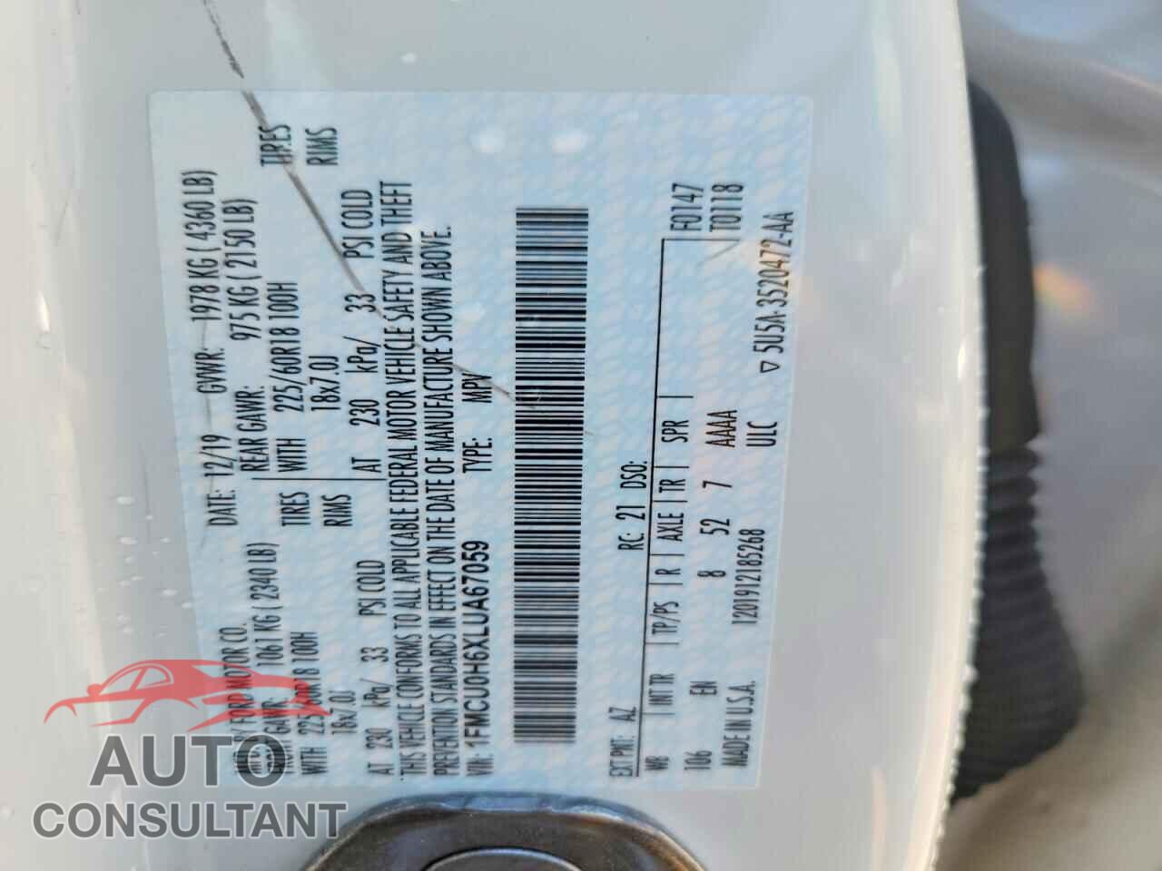 FORD ESCAPE 2020 - 1FMCU0H6XLUA67059