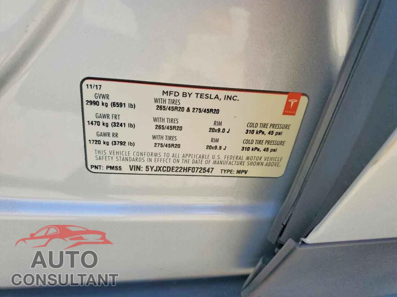TESLA MODEL X 2017 - 5YJXCDE22HF072547