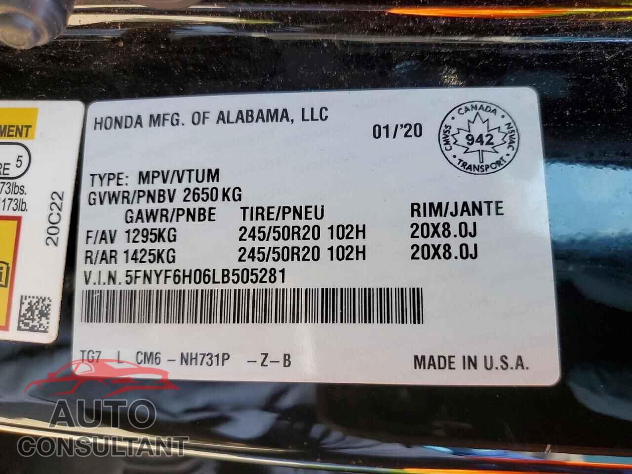 HONDA PILOT 2020 - 5FNYF6H06LB505281