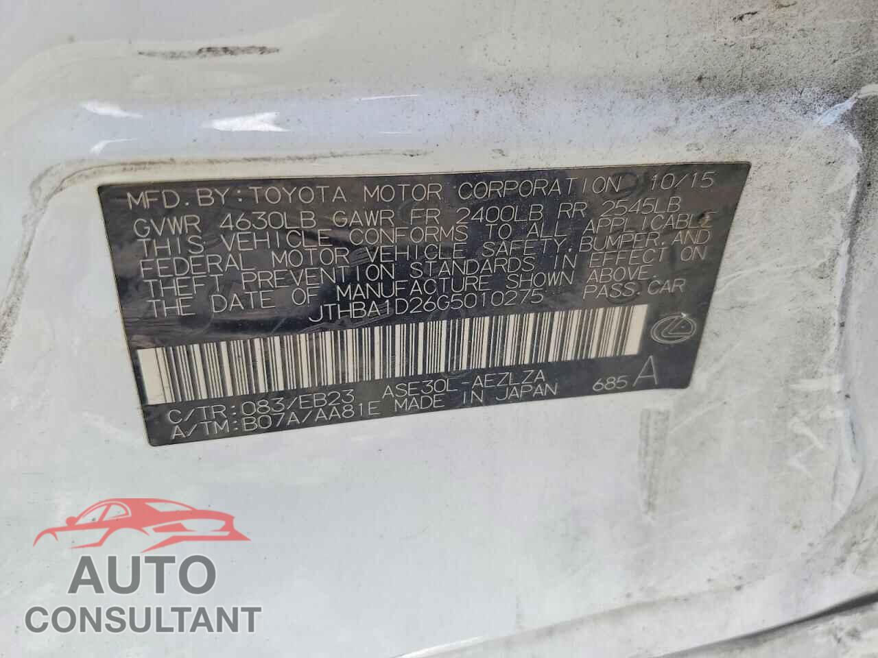 LEXUS IS 2016 - JTHBA1D26G5010275