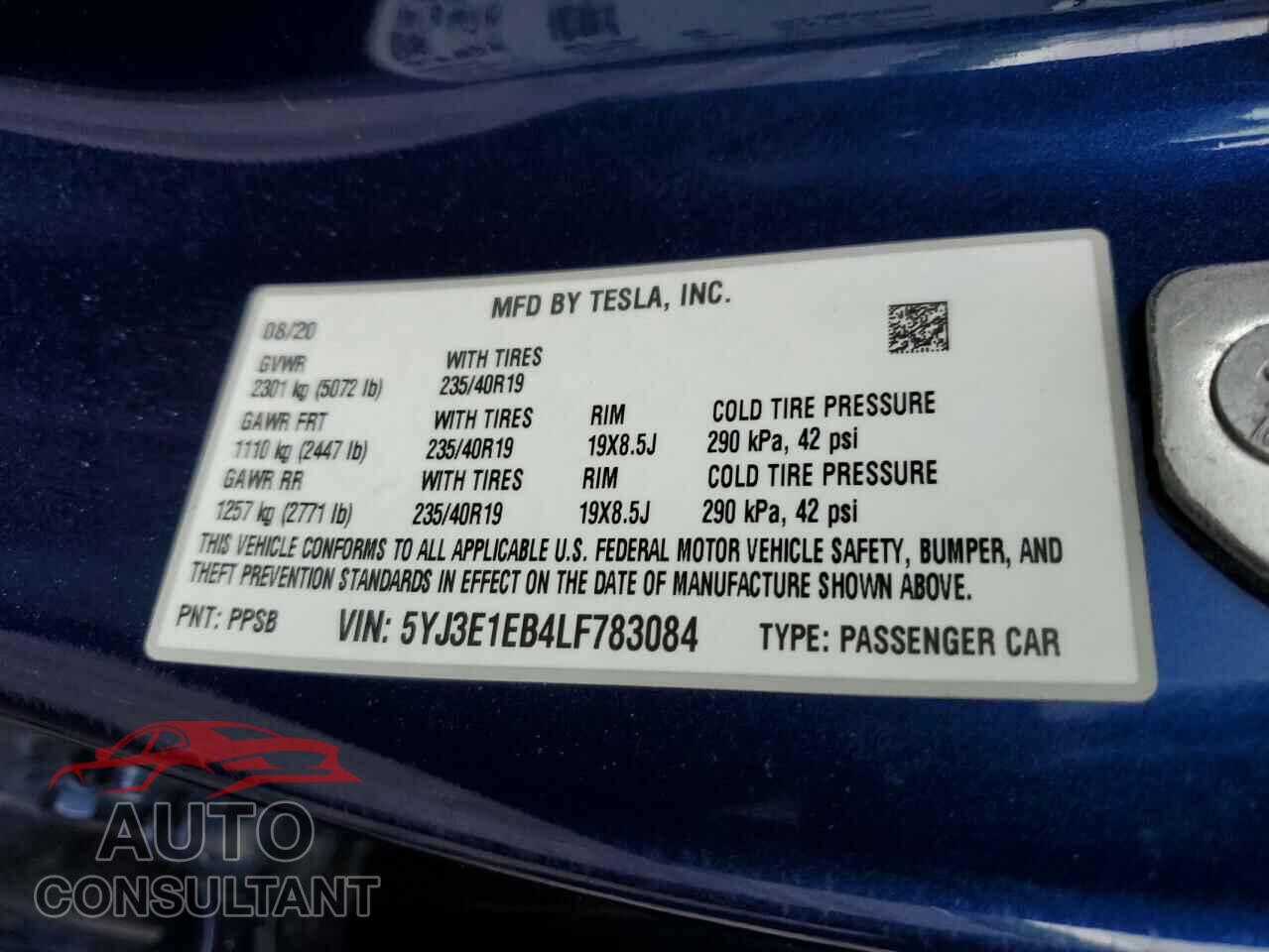 TESLA MODEL 3 2020 - 5YJ3E1EB4LF783084