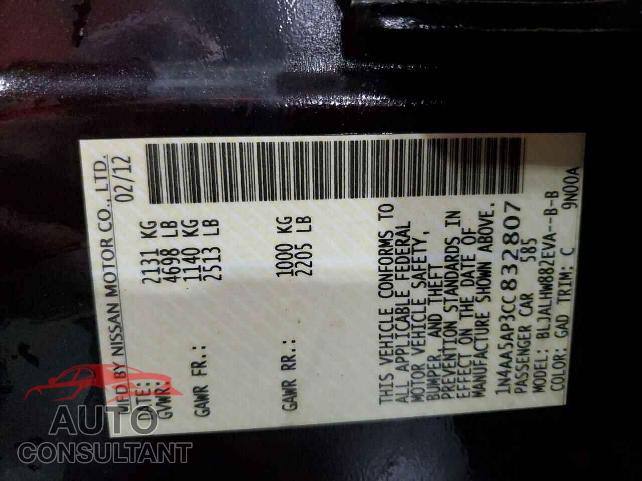 NISSAN MAXIMA 2012 - 1N4AA5AP3CC832807