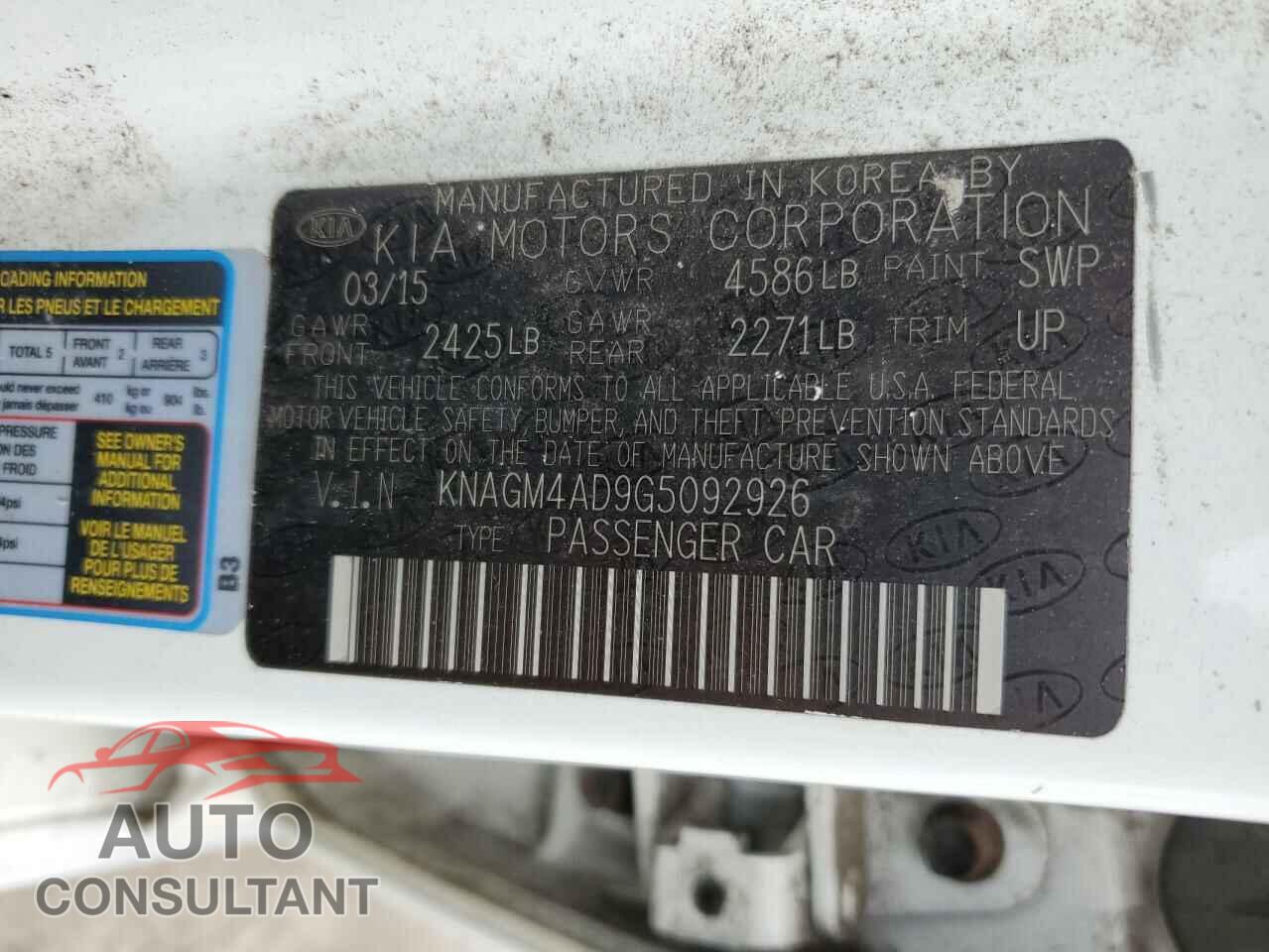 KIA OPTIMA 2016 - KNAGM4AD9G5092926