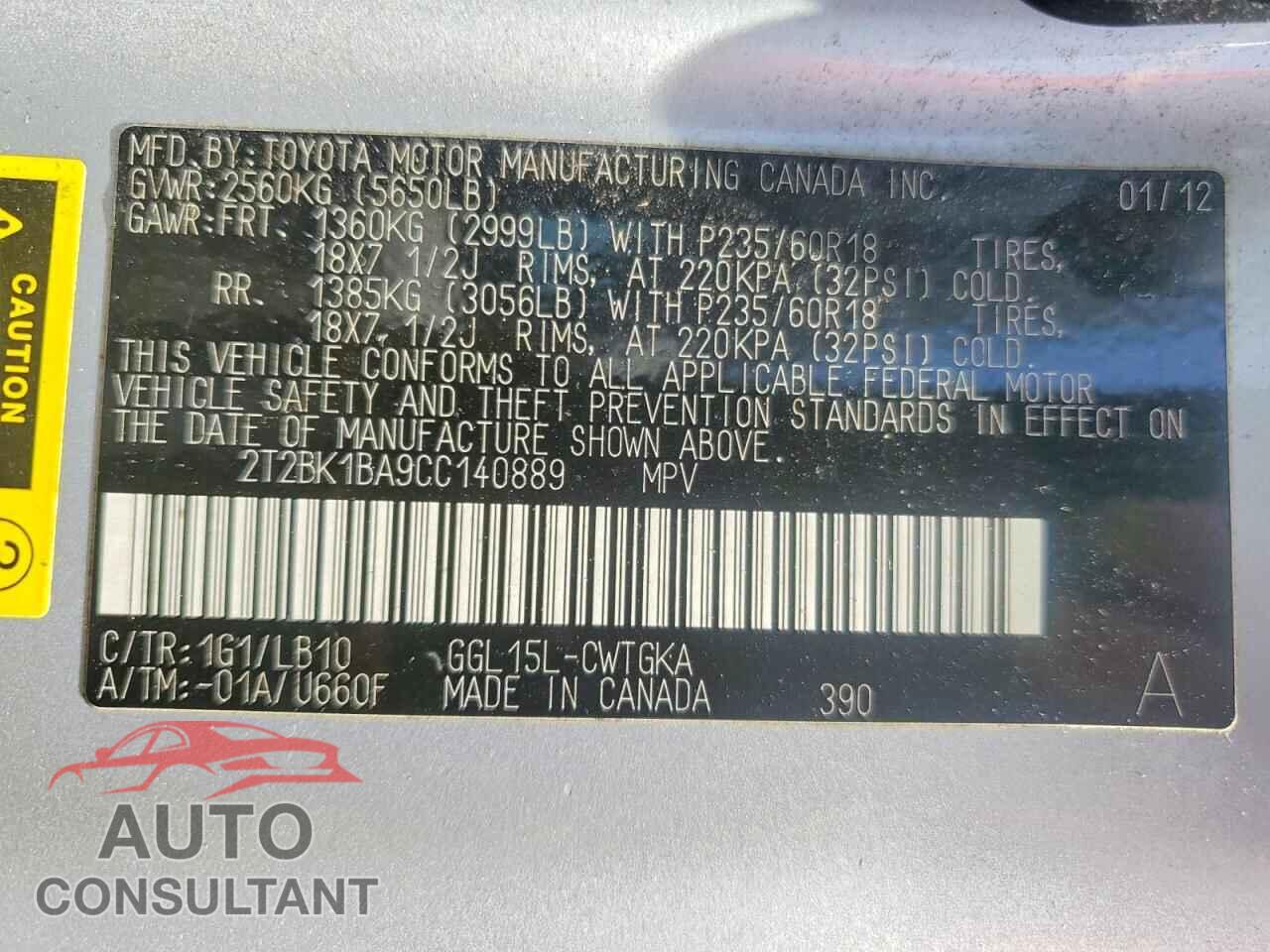 LEXUS RX350 2012 - 2T2BK1BA9CC140889